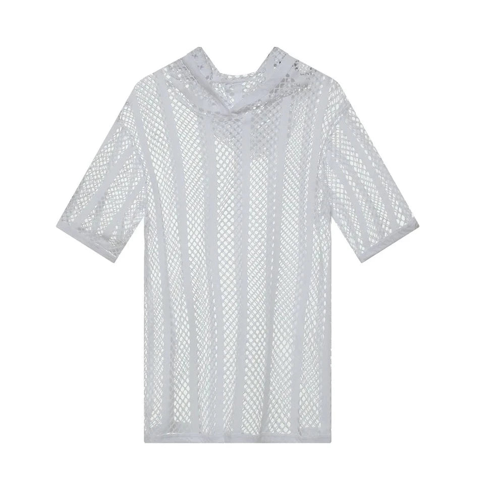 white Men's Striped Hoodie Mesh Suit - pridevoyageshop.com - gay men’s underwear and swimwear