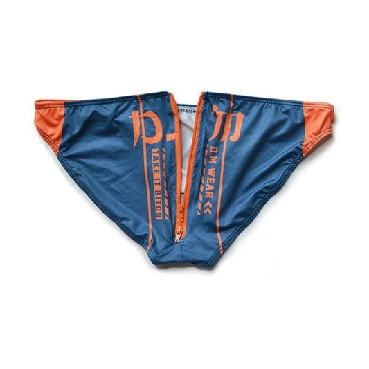 navy blue DM Take It Bitch Open Butt Zipper Briefs - pridevoyageshop.com - gay men’s underwear and activewear