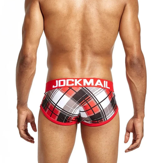 a man in red Jockmail Men's Plaid Hip High Briefs - pridevoyageshop.com - gay men’s underwear and swimwear