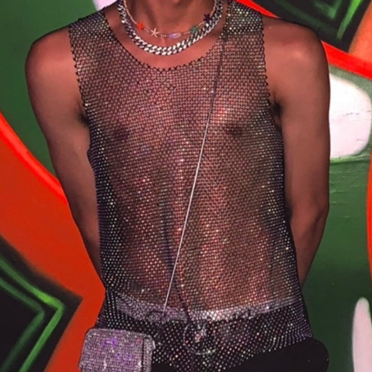 Gay Club Outfits | Men's Glitter Mesh Tank Top: Fishnet Shirt