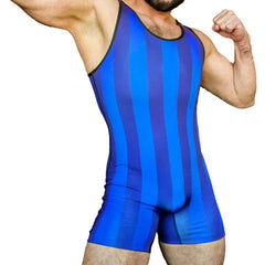 a sexy gay man in blue The 80's Retro Striped Wrestling Singlets - Men's Singlets, Bodysuits, Rompers & Jumpsuits - pridevoyageshop.com