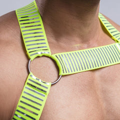 details of Green Reflective Gay Chest Harness: Sexy Clubwear- pridevoyageshop.com - gay men’s harness, lingerie and fetish wear