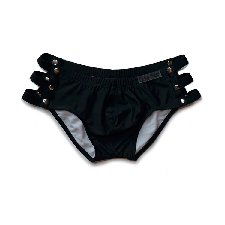 black DM Hollow Out Sideshow Swim Trunks - pridevoyageshop.com - gay men’s underwear and swimwear