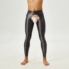 Tap Here Wet-Look Crotchless Leggings for Gay Men