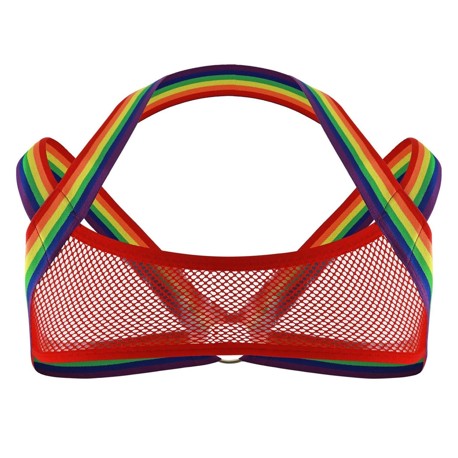 Red Rainbow Elastic Mesh Harness: Premium Men's Clubwear and Lingerie- pridevoyageshop.com - gay men’s harness, lingerie and fetish wear