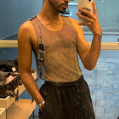 Gay Club Outfits | Men's Glitter Mesh Tank Top: Fishnet Shirt