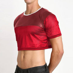 a hot gay guy in red Gay Fashion PU Leather Mesh Crop Tops | Gay Crop Tops & Clubwear - pridevoyageshop.com - gay crop tops, gay casual clothes and gay clothes store