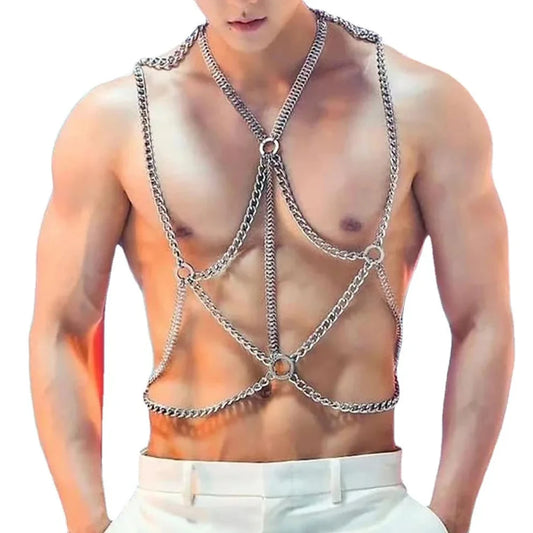 a sexy gay man in Entangle Me Silver Chain Harness - pridevoyageshop.com - gay men’s puppy play gear, lingerie, fishnet and fetish wear