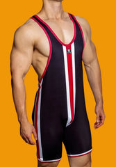 a hot gay man in black DM Striped Wrestling Singlet - Men's Singlets, Bodysuits, Rompers & Jumpsuits - pridevoyageshop.com