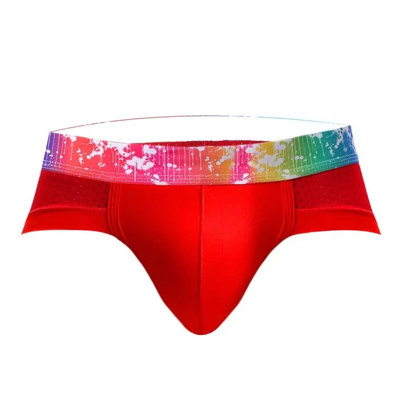 red Gay Men's Rainbow Band Mesh Briefs - pridevoyageshop.com - gay men’s underwear and swimwear