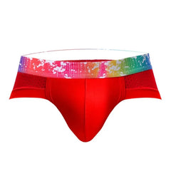 red Gay Men's Rainbow Band Mesh Briefs - pridevoyageshop.com - gay men’s underwear and swimwear
