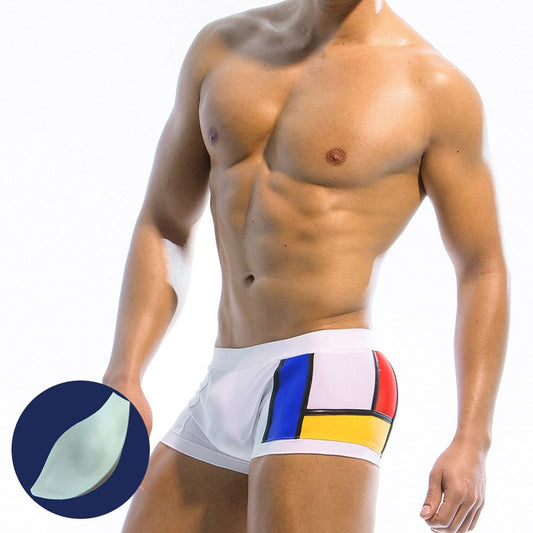 hot gay hunk in white Gay Swimwear & Beachwear | Piet Mondrian Art Deco Swim Trunks - pridevoyageshop.com - gay men’s underwear and swimwear