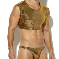 a hot gay man in gold Metallic Stage Star Sleeveless Crop Top & Briefs | Gay Clubwear - pridevoyageshop.com - gay crop tops, gay casual clothes and gay clothes store