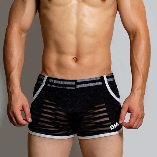 sexy gay man in black Gay Shorts | DM Striped Mesh Gym Shorts - Men's Activewear, gym short, sport shorts, running shorts- pridevoyageshop.com