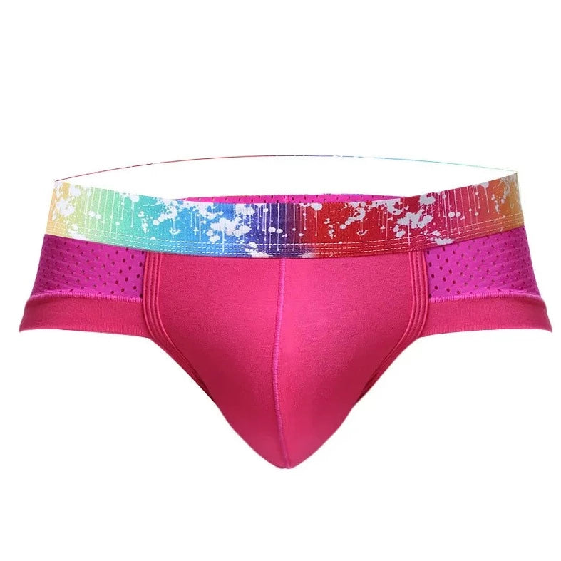 pink Gay Men's Rainbow Band Mesh Briefs - pridevoyageshop.com - gay men’s underwear and swimwear