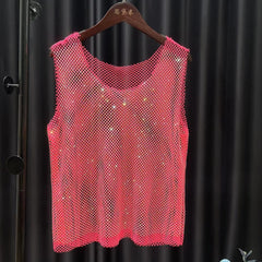 rose red Gay Club Outfits | Men's Glitter Mesh Tank Top: Fishnet Shirt