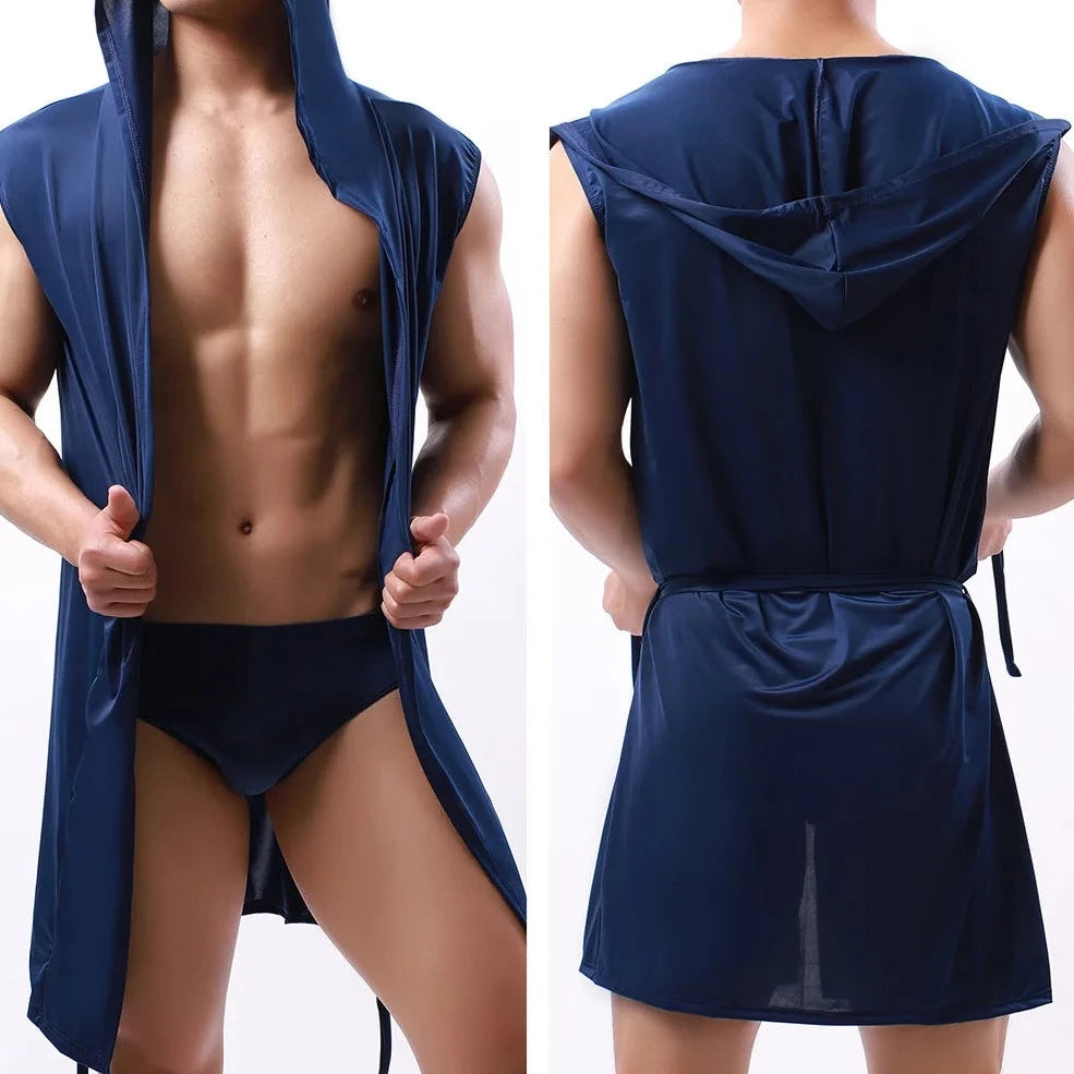 a hot gay man in dark blue Men's Hooded Muscle Robe - pridevoyageshop.com - gay men’s underwear and swimwear