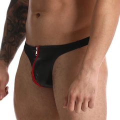 a hot gay man in red Daddy's Faux Leather Zipper Thong - pridevoyageshop.com - gay men’s underwear and swimwear