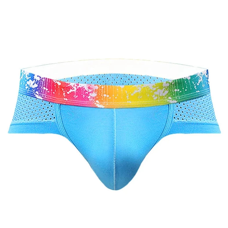sky blue Gay Men's Rainbow Band Mesh Briefs - pridevoyageshop.com - gay men’s underwear and swimwear