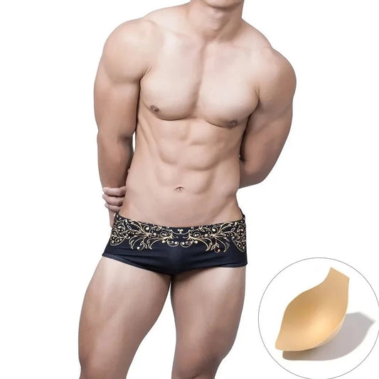a hot gay man in Gold Fleur de Lis Square Cut Swim Trunks - pridevoyageshop.com - gay men’s underwear and swimwear