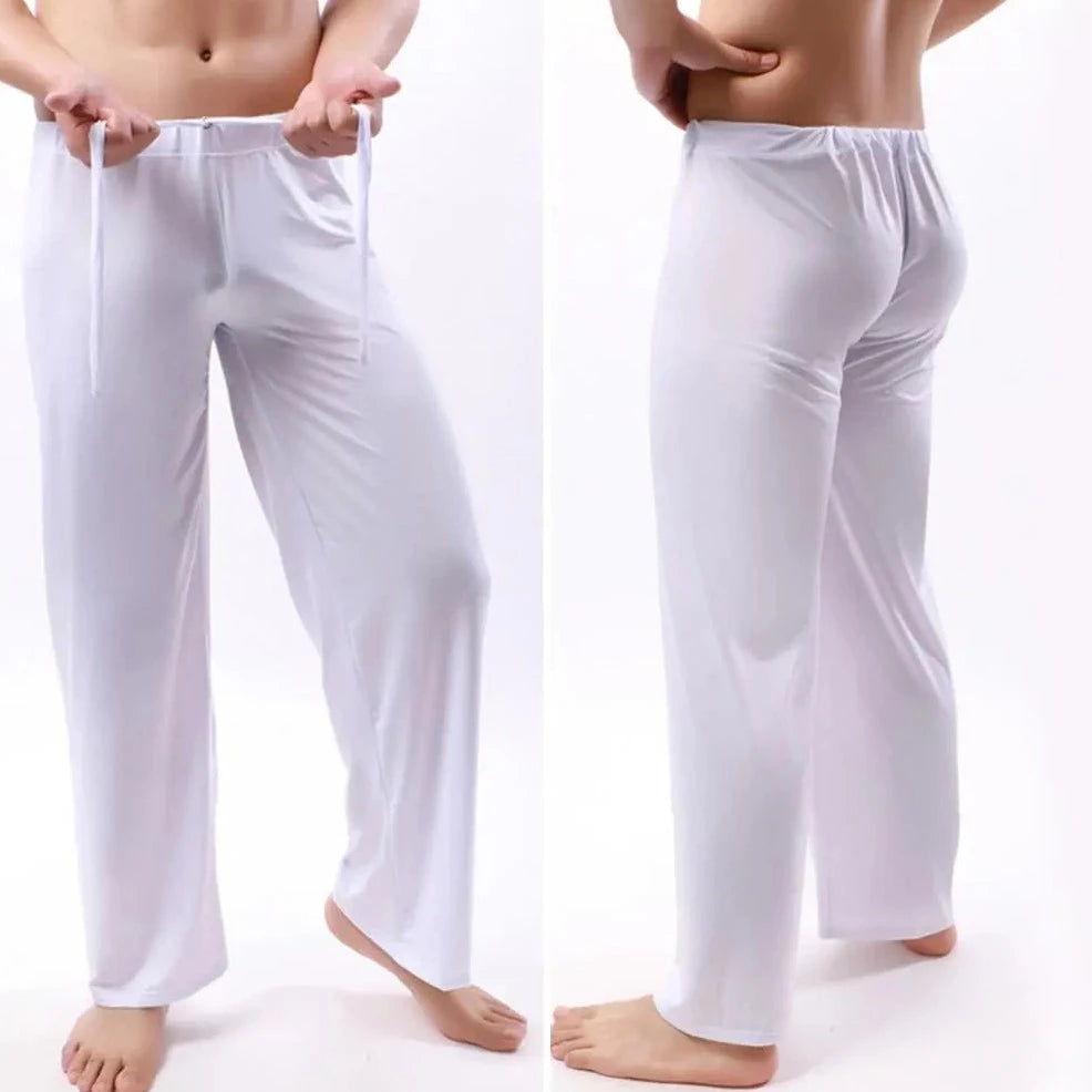 white Men's Drawstring Silky Bell Bottom Sweats & Yoga Pants - pridevoyageshop.com - gay men’s underwear and swimwear