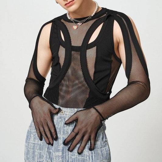 sexy gay man in black Gay Bodysuit | Elegant Long Sleeve Gloves Mesh Bodysuit - Men's Singlets, Bodysuits, Leotard & Unitard - pridevoyageshop.com
