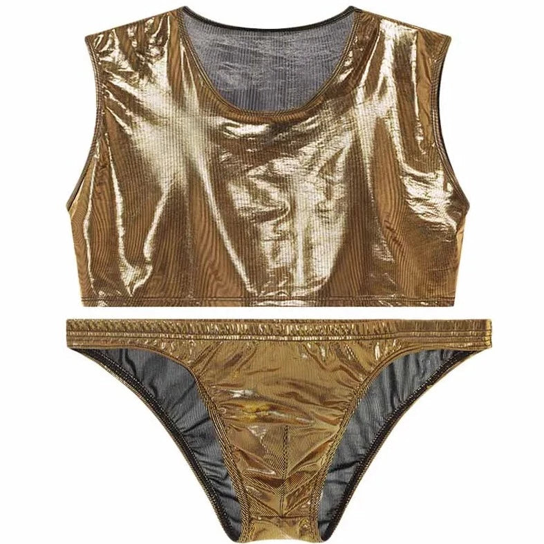 gold Metallic Stage Star Sleeveless Crop Top & Briefs | Gay Clubwear - pridevoyageshop.com - gay crop tops, gay casual clothes and gay clothes store