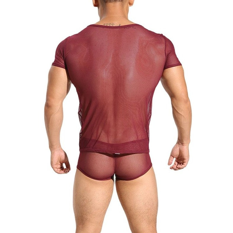 a hot gay man in Purplish Red Men's Sheer Sleepwear Set | Gay Loungewear & Pajamas - pridevoyageshop.com - gay pajamas, gay loungewear, gay sleepwear