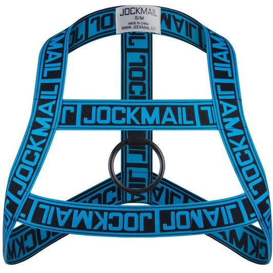 Blue Jockmail Letter Elastic Chest Harness: Men's Clubwear and Gay Lingerie- pridevoyageshop.com - gay men’s harness, lingerie and fetish wear