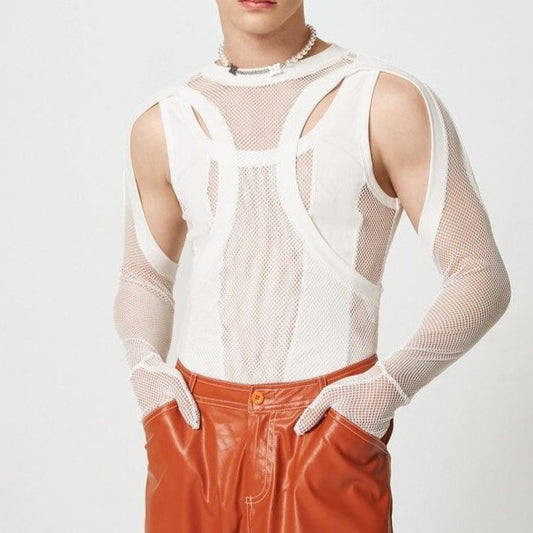 sexy gay man in white Gay Bodysuit | Elegant Long Sleeve Gloves Mesh Bodysuit - Men's Singlets, Bodysuits, Leotard & Unitard - pridevoyageshop.com