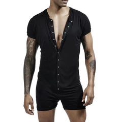 a hot gay man in black Men's Sexy Button-Up Onesie | Gay Loungewear & Pajamas - pridevoyageshop.com - gay pajamas, gay loungewear, gay sleepwear