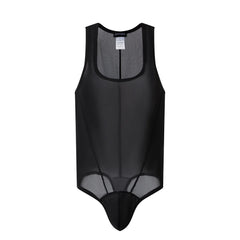 flat lay of black sheer mesh high-cut leotard showing see-through stretch fabric and elastic trim, black color – pridevoyageshop.com – gay men’s harness, lingerie and fetish wear