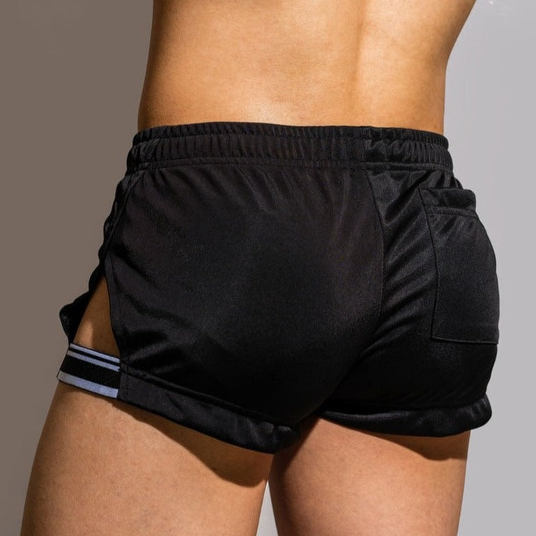 sexy gay man in black Gay Shorts | DM Side Show Gym Shorts - Men's Activewear, gym short, sport shorts, running shorts- pridevoyageshop.com