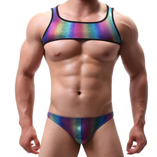 sexy gay man in Mens Rainbow Harness-Crop Top + Briefs | Gay Harness- pridevoyageshop.com - gay men’s harness, lingerie and fetish wear
