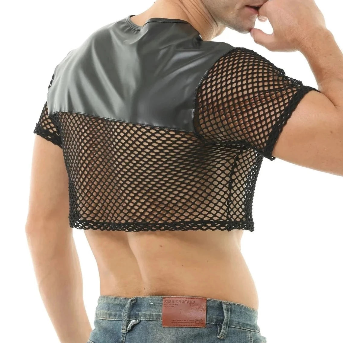a hot gay guy in Men's Black PU Leather Fishnet Crop Top | Gay Crop Tops - pridevoyageshop.com - gay crop tops, gay casual clothes and gay clothes store