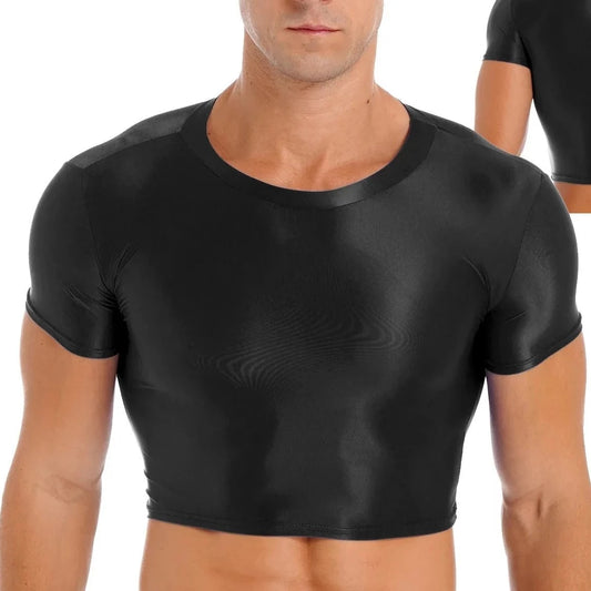a hot gay guy in black Men's Glossy Short Sleeve Sports Crop Top | Gay Crop Tops - pridevoyageshop.com - gay crop tops, gay casual clothes and gay clothes store