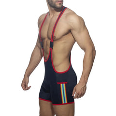 a sexy man in dark blue Rainbow Tape Buckle Workout Singlet - Men's Singlets, Bodysuits, Leotard & Unitard - pridevoyageshop.com