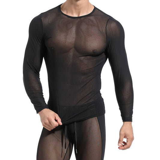 sexy gay man in black Gay Tops | Men's Ultra-thin Transparent Long Sleeve Top - pridevoyageshop.com - gay men’s gym tank tops, mesh tank tops and activewear