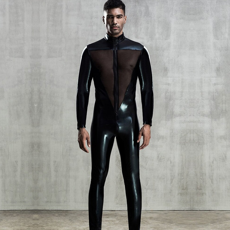 sexy gay man in Gay Bodysuit and Singlet | Faux Leather Mesh Bodysuit Clubwear - Men's Singlets, Bodysuits, Leotard & Unitard - pridevoyageshop.com