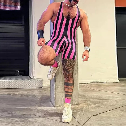 a hot gay man in rose red Retro stripes U-Neck Romper Singlets - Men's Singlets, Bodysuits, Rompers & Jumpsuits - pridevoyageshop.com