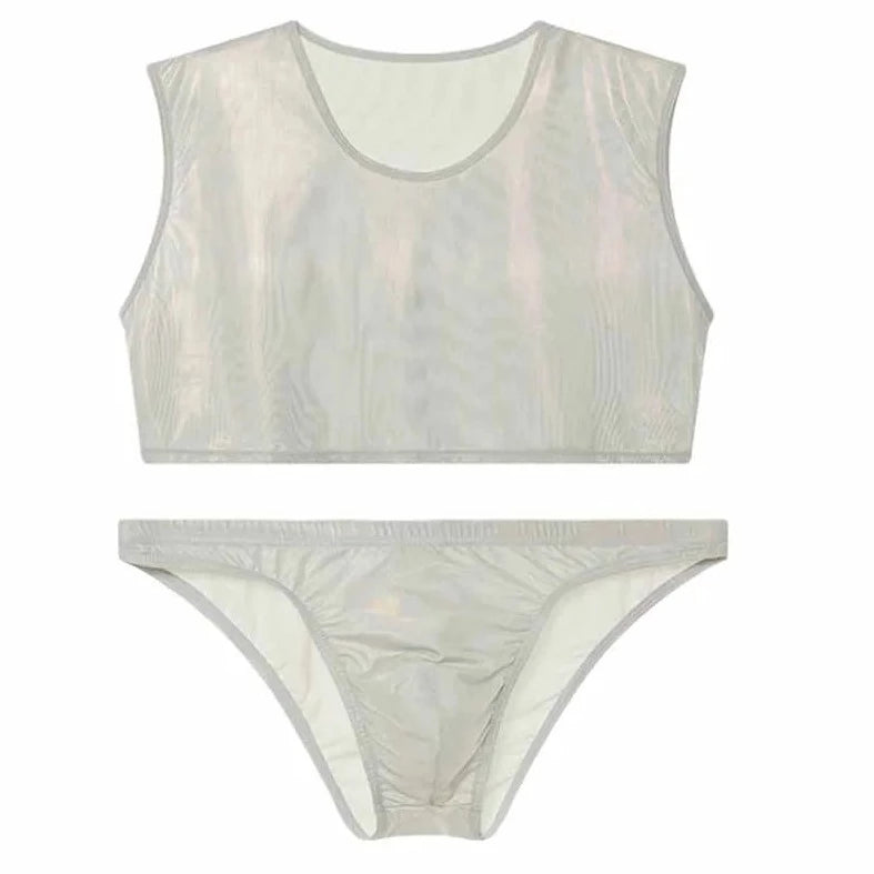 silver Metallic Stage Star Sleeveless Crop Top & Briefs | Gay Clubwear - pridevoyageshop.com - gay crop tops, gay casual clothes and gay clothes store