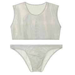 silver Metallic Stage Star Sleeveless Crop Top & Briefs | Gay Clubwear - pridevoyageshop.com - gay crop tops, gay casual clothes and gay clothes store
