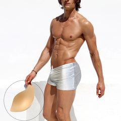 a sexy gay man in silver Men's Liquid Metallic Swim Trunks - pridevoyageshop.com - gay men’s underwear and swimwear