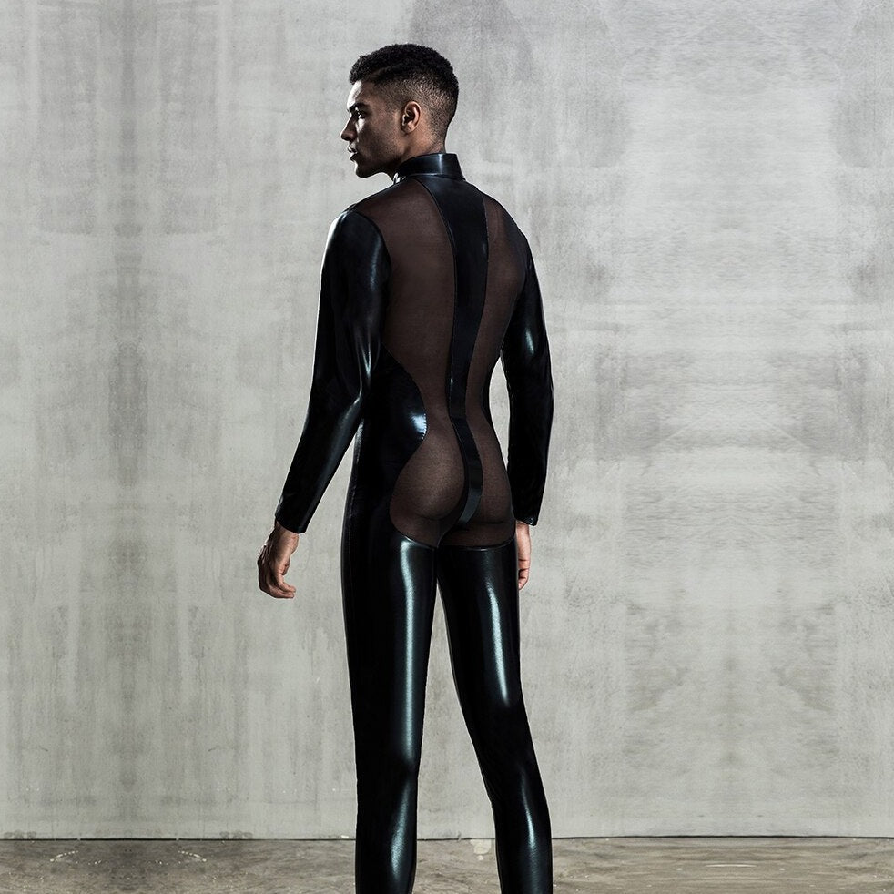 sexy gay man in Gay Bodysuit and Singlet | Faux Leather Mesh Bodysuit Clubwear - Men's Singlets, Bodysuits, Leotard & Unitard - pridevoyageshop.com