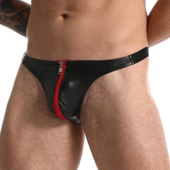 a hot gay man in red Daddy's Faux Leather Zipper Thong - pridevoyageshop.com - gay men’s underwear and swimwear