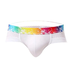 white Gay Men's Rainbow Band Mesh Briefs - pridevoyageshop.com - gay men’s underwear and swimwear