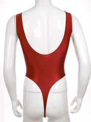 Burgundy Fluorescent Green The ’80s Shiny Thong Bodysuits - Men's Singlets, Bodysuits, Leotard & Unitard - pridevoyageshop.com
