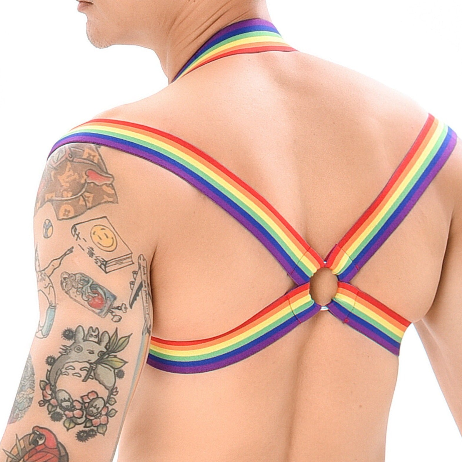 Back of Rainbow Elastic Mesh Harness: Premium Men's Clubwear and Lingerie- pridevoyageshop.com - gay men’s harness, lingerie and fetish wear
