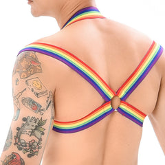 Back of Rainbow Elastic Mesh Harness: Premium Men's Clubwear and Lingerie- pridevoyageshop.com - gay men’s harness, lingerie and fetish wear