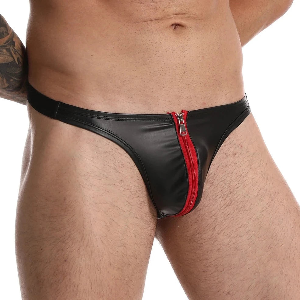 a hot gay man in red Daddy's Faux Leather Zipper Thong - pridevoyageshop.com - gay men’s underwear and swimwear